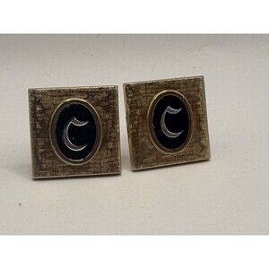 Vintage Gold Tone Cufflinks Black Enamel Oval Initial C Monogram Square Retro